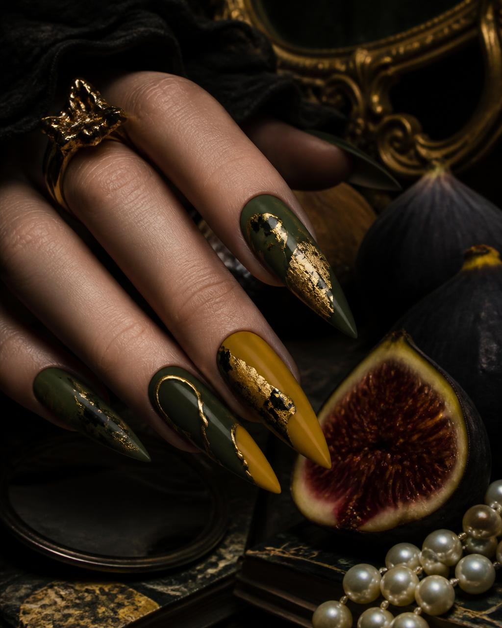 Trabajo editorial en tonos oliva y mostaza con foil dorado