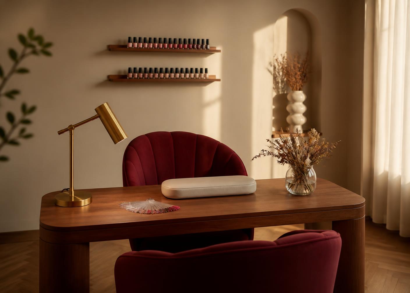 Interior del salón de Andy Aguilar con mesa de trabajo y silla borgoña